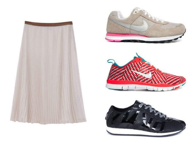Sijonas „Massimo Dutti“, sportiniai bateliai „DKNY Active“ ir „Nike“ (asos.com)