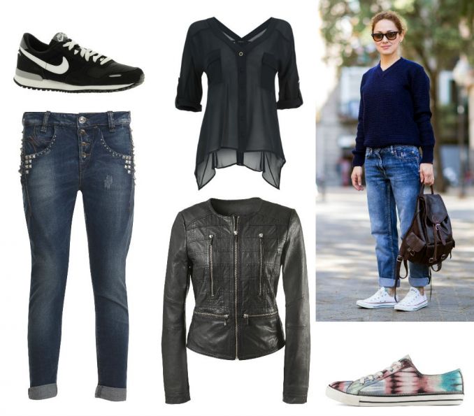 Sportiniai bateliai „Nike“ (asos.com) ir „Aldo“, džinsai „Fornarina“ („Aprangos galerija“), palaidinė „Kocca“ („Aprangos galerija“), odinė striukė „s.Oliver“
