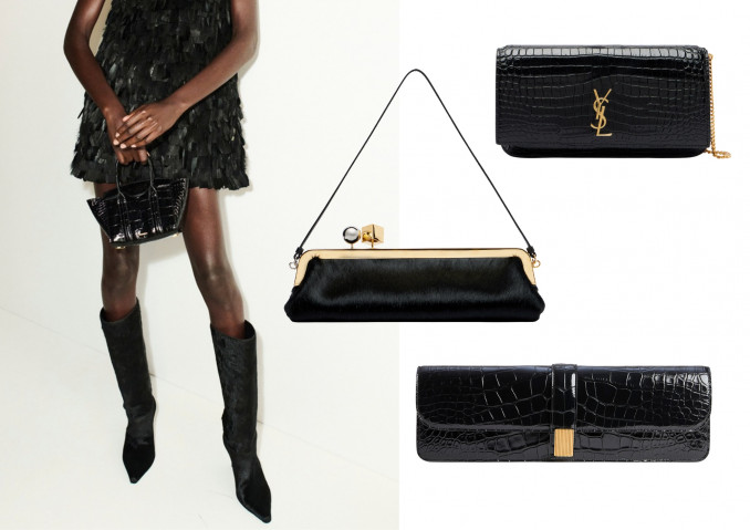 Modelis, „Simkhai“, rankinės: „Saint Laurent“, „Jacquemus“, „Khaite“