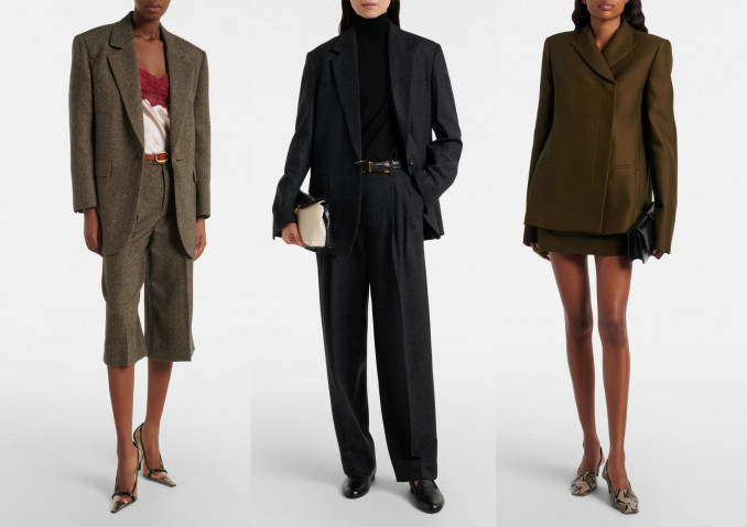 Klasikinio stiliaus kostiumai: „Saint Laurent“, „Toteme“, „Khaite“