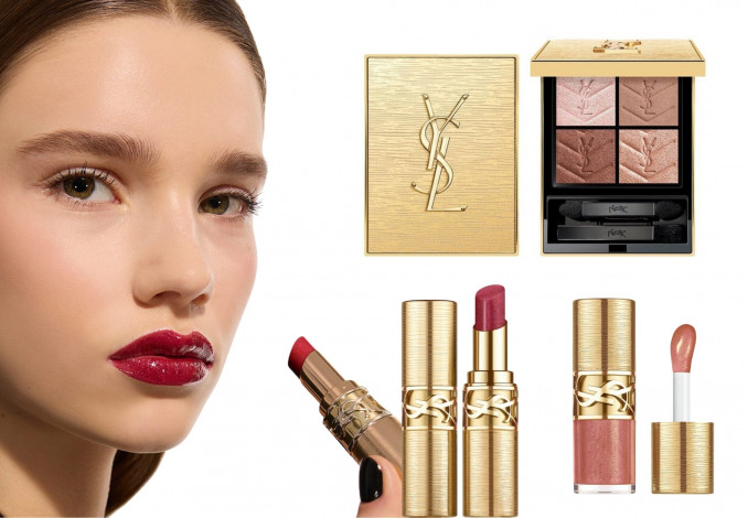 „YSL Beauty“ šventinės makiažo priemonės: lūpų dažai „YSL Loveshine Lipstick“, akių šešėlių paletė „Couture Mini Clutch“ ir lūpų blizgis „YSL Loveshine Plumping Lip Oil Gloss“