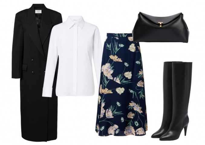 Paltas, „Róhe“, marškiniai, „Max Mara“, sijonas, „Erdem“, ilgaauliai, „Isabel Marant“, delninė, „Toteme“