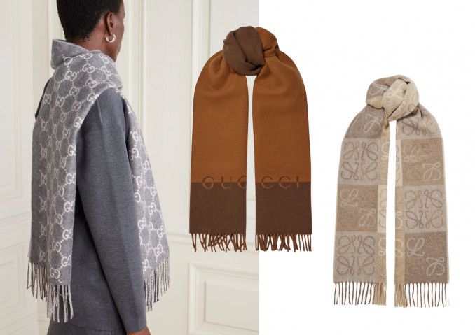 Logotipais marginti šalikai: „Gucci“, „Loewe“