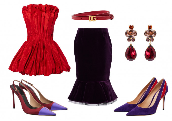 Palaidinė, „Tove“, sijonas, „Nina Ricci“, diržas, „Dolce&Gabbana“, aukštakulniai, „Tom Ford“ ir „Gianvito Rossi“, auskarai, „Jennifer Behr“